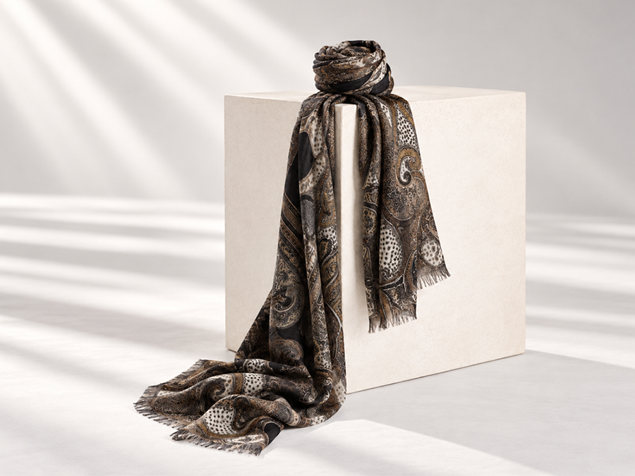 PASHMINA SCARF / STOLE 100% CASHMERE ART. ETIEN V. BLACK / BEIGE