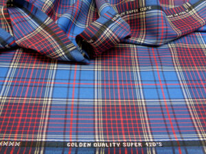 PURE WORSTED WOOL SUPER 120s ART. THOMAS V. WALES / TARTAN V. INDIGO / RED
